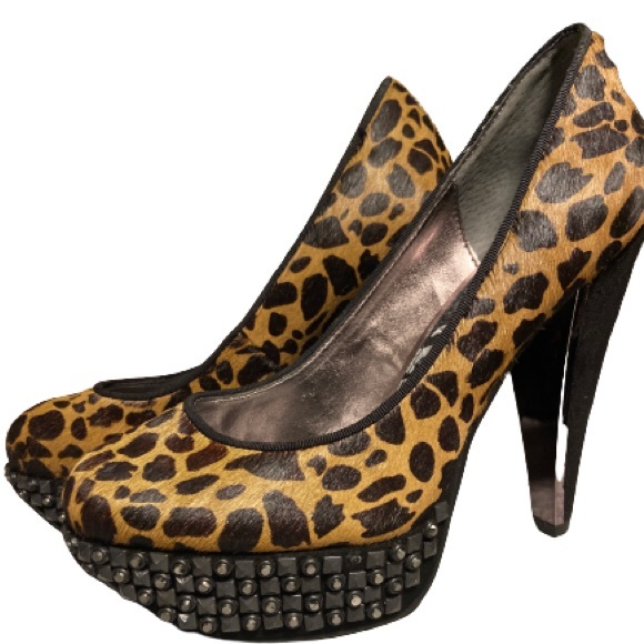 Sam Edelman animal print fur and leather studded platform stilettos - Picture 4 of 5